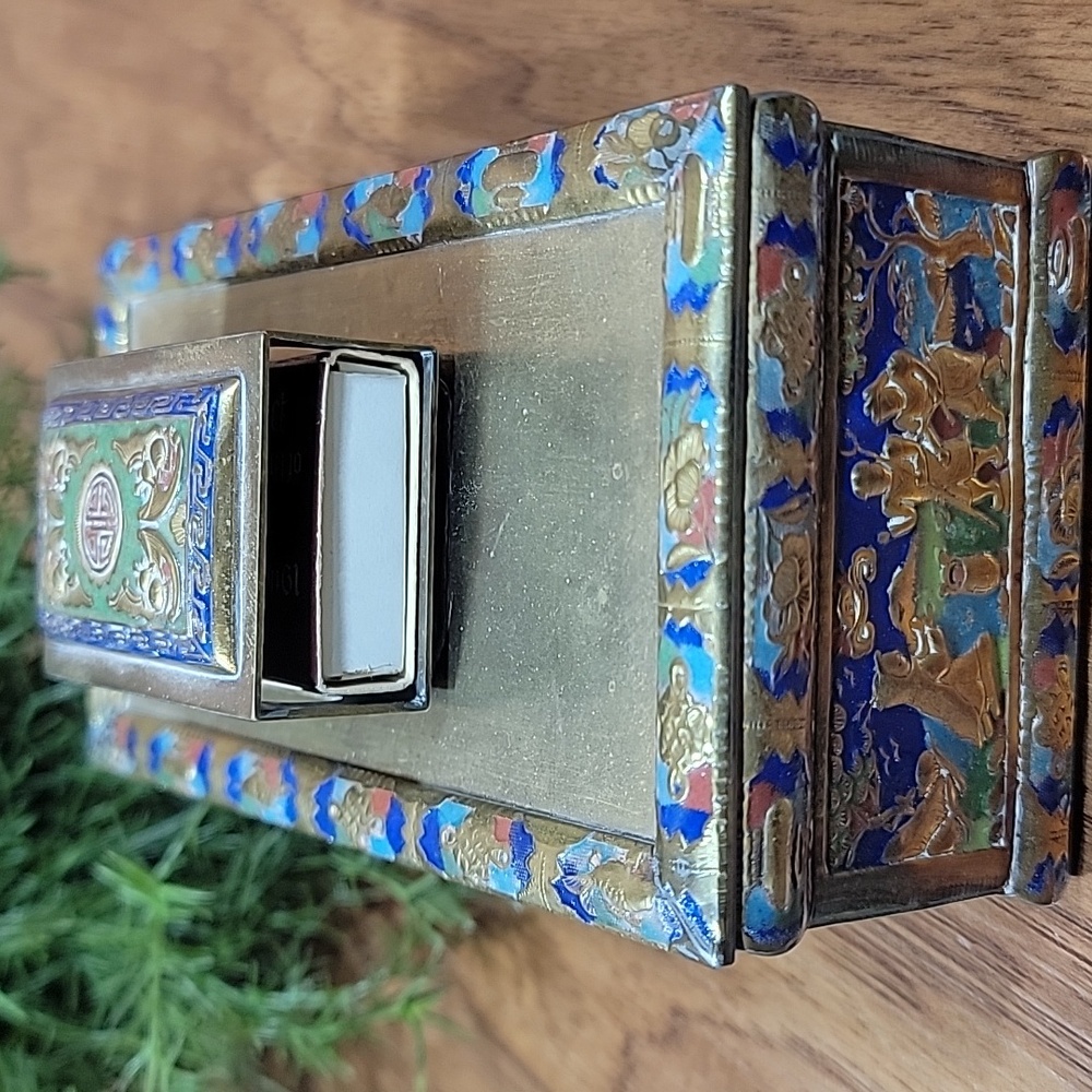 Antique Cloisonne Brass Cigarette & Matchbox Holder - Picture 4 of 14
